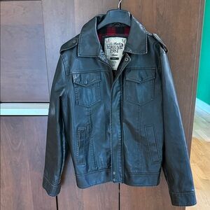 Mi Black Faux Leather Bomber Jacket with Red Lining
